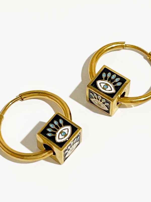 Multicolor Enamel Evil Eye Cube Beads Hoop Earrings